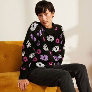 John Lewis ANYDAY Boxy Intarsia Floral Long Sleeve Knit Sweater, Black/Multi, XS